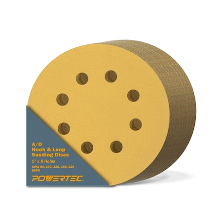 Powertec 5 in. x 8 Holes, A/O Hook & Loop Sanding Disc, 80, 100, 120, 150, 220, Assorted Grits, Gold, 50PK 44000XG-50